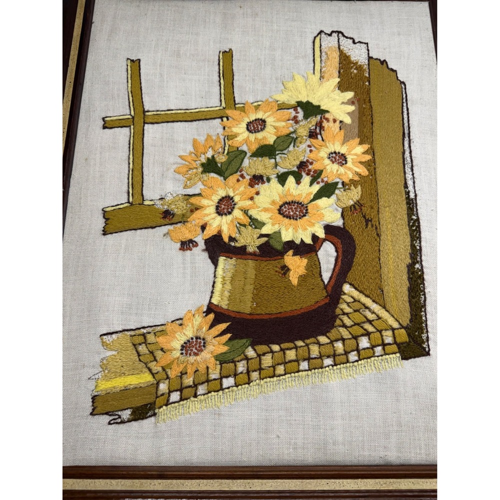 Vintage 70s Crewel Needlepoint Sunflower Floral Wall Art Framed Farmhouse Boho - Picture 2 of 16